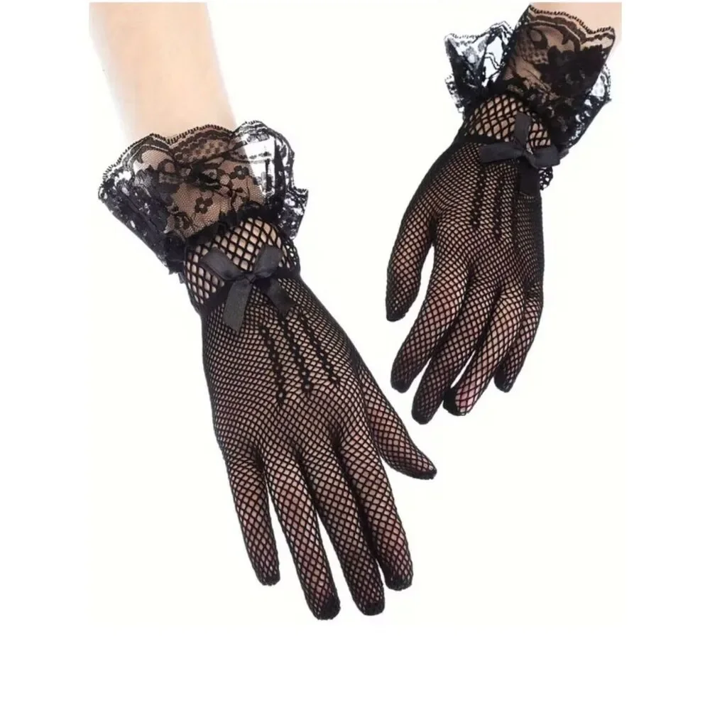 NWT Black Lace Fishnet Gloves Gothic Lolita Victorian Ruffle Bow Tea Party Short